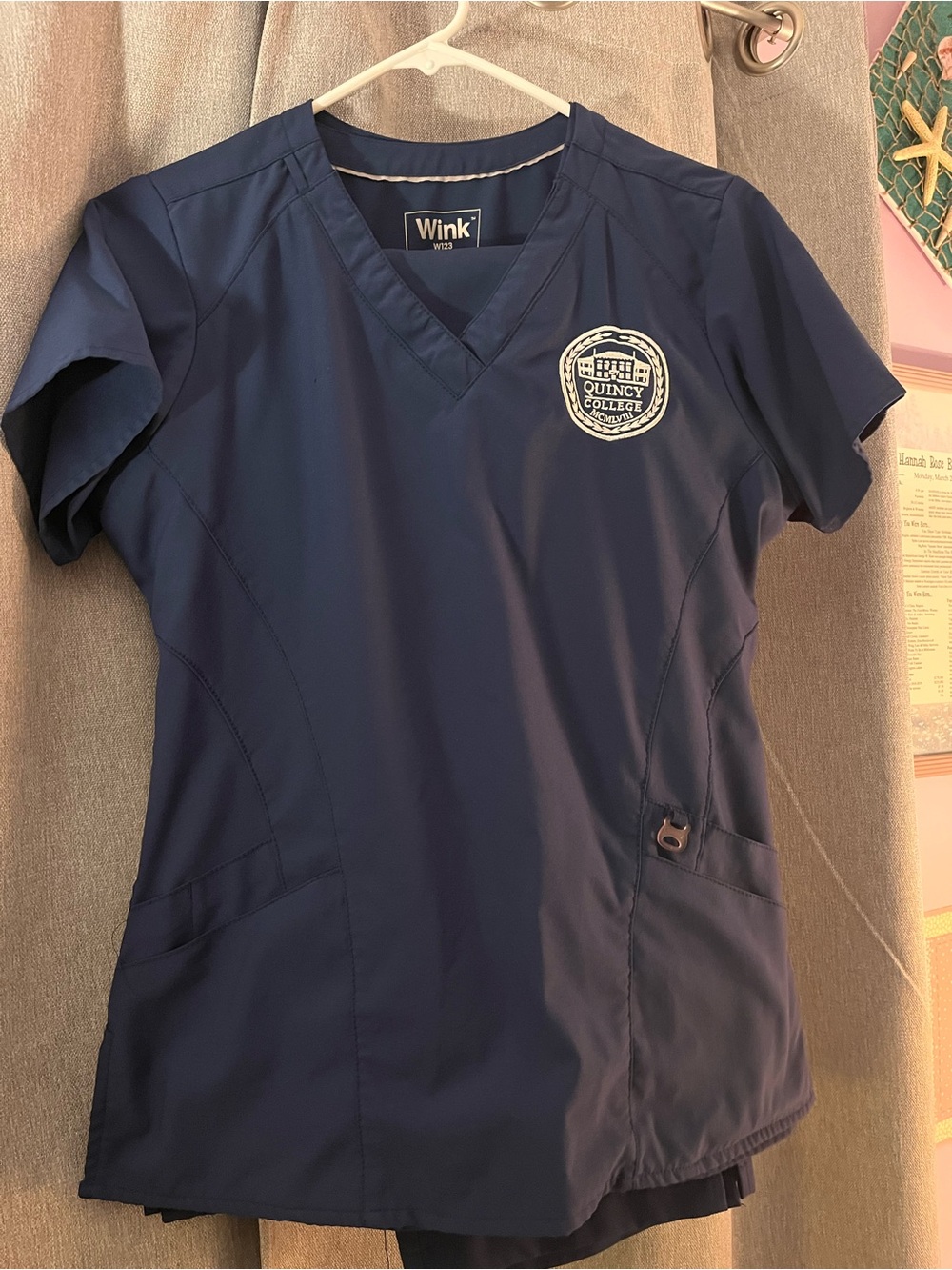Wink Navy V-Neck Short Sleeve Scrub Top with Quincy College Nursing Patch